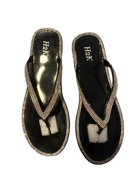 NIB H2K Jealous Black Rhinestone Jelly Flip Flops Sandal Bling Flats